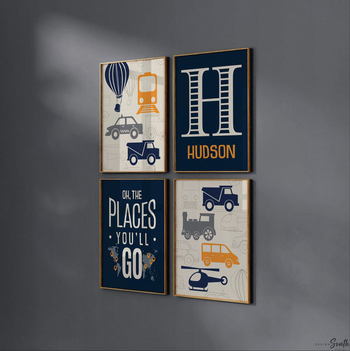 Transportation theme nursery decor, gray orange navy blue oh the places you'll go, personalized print transportation helicopter train decor