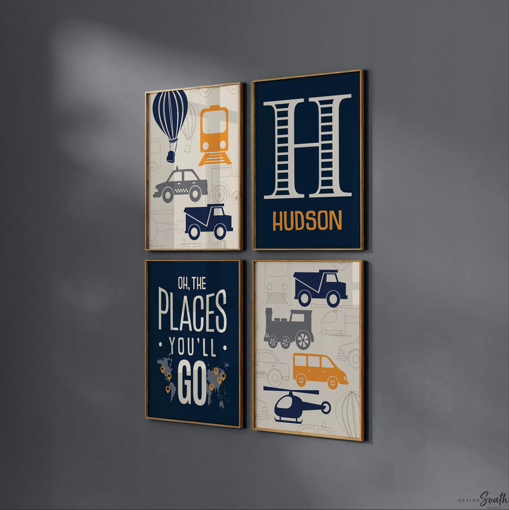 Transportation theme nursery decor, gray orange navy blue oh the places youll go, personalized print transportation helicopter train decor