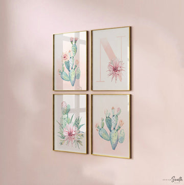 Baby girl boho cactus nursery, walls pink floral cactus prints, set of 4 flower prints, desert theme cactus bloom art, nursery succulents