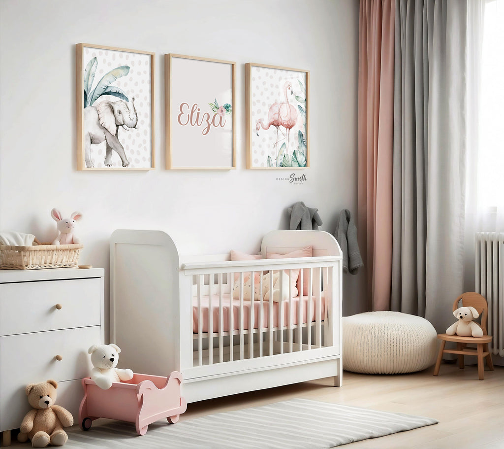 Girls name gifts, tropical girls name for room art, flamingo and elephant art print set, baby girl nursery neutral modern, tropical baby