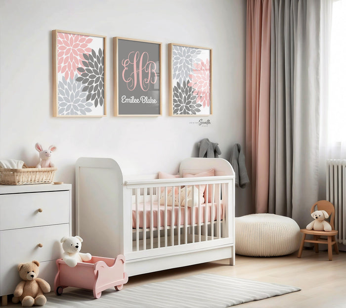 Baby girl nursery pink and gray, pink and gray flower nursery, pink and gray monogram nursery art, baby girl monogram art for nursery pink