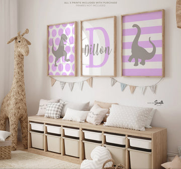 Purple gray girls dinosaur nursery art, girl dinosaur art, baby girl dinosaurs, girl dinosaur wall art, girls bedroom dinosaurs purple decor