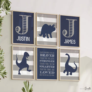 Navy blue gray dinosaur brother decor, dinosaur wall print set for boys, dinosaur playroom wall art two boys, personalized names brothers