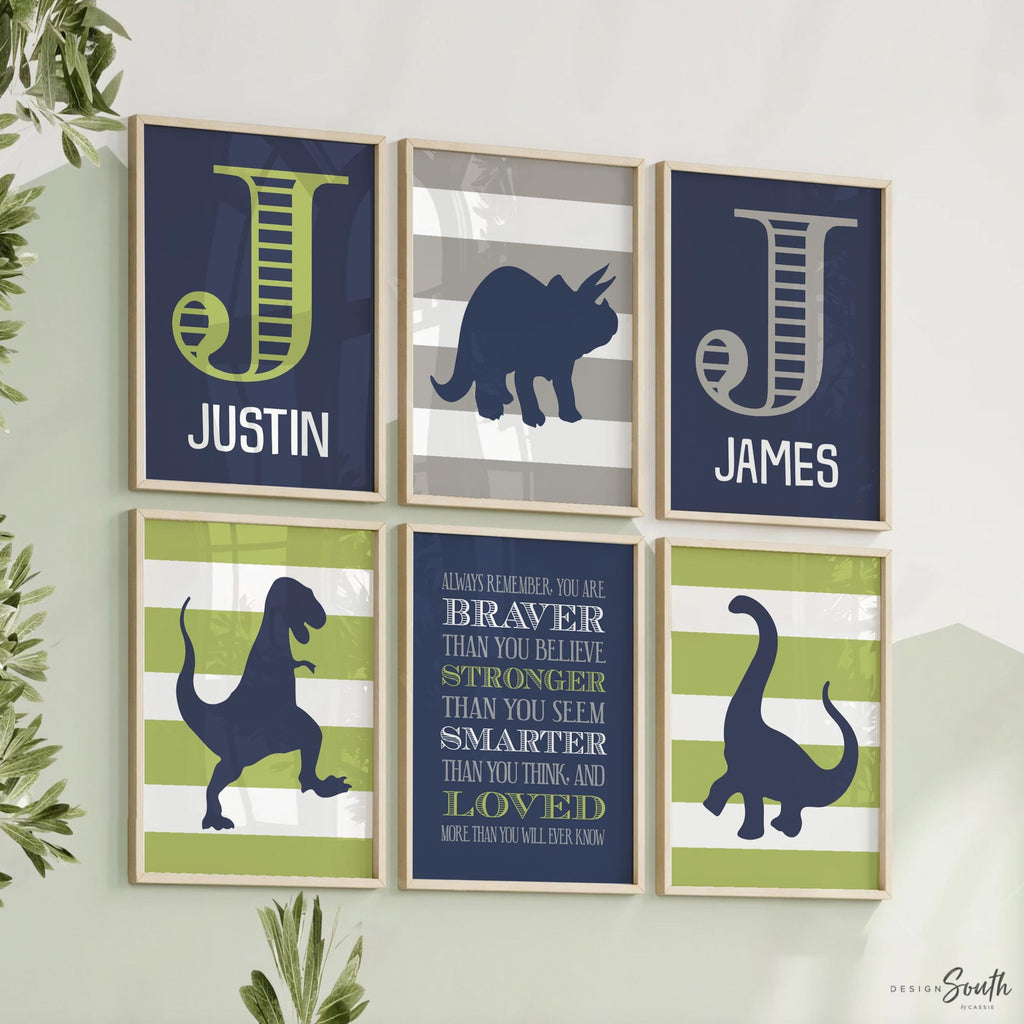 Dinosaur themed bedroom two boys, dinosaur nursery boys, green navy gray wall decor for boys room, dinosaur inspired playroom personalized