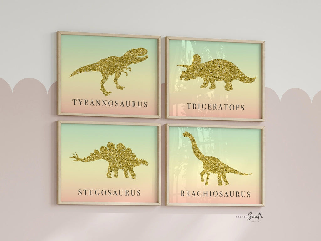 Girls nursery or bedroom decor dinosaur themed art, prints for girls bedroom pink mint gold dinosaur, girls baby dinosaur wall art print set