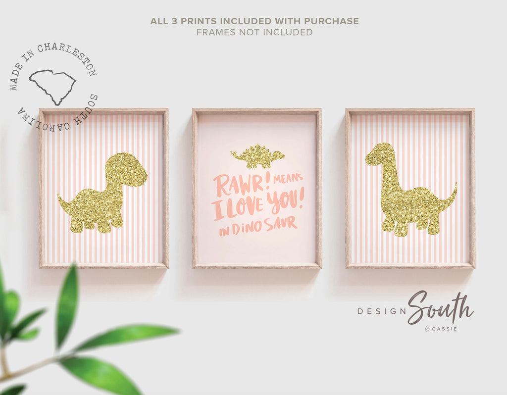 Pink gold girls dinosaur nursery art, gold pink sparkle dinosaur art, baby girl dinosaurs, girl dinosaur wall art, girls bedroom dinosaurs