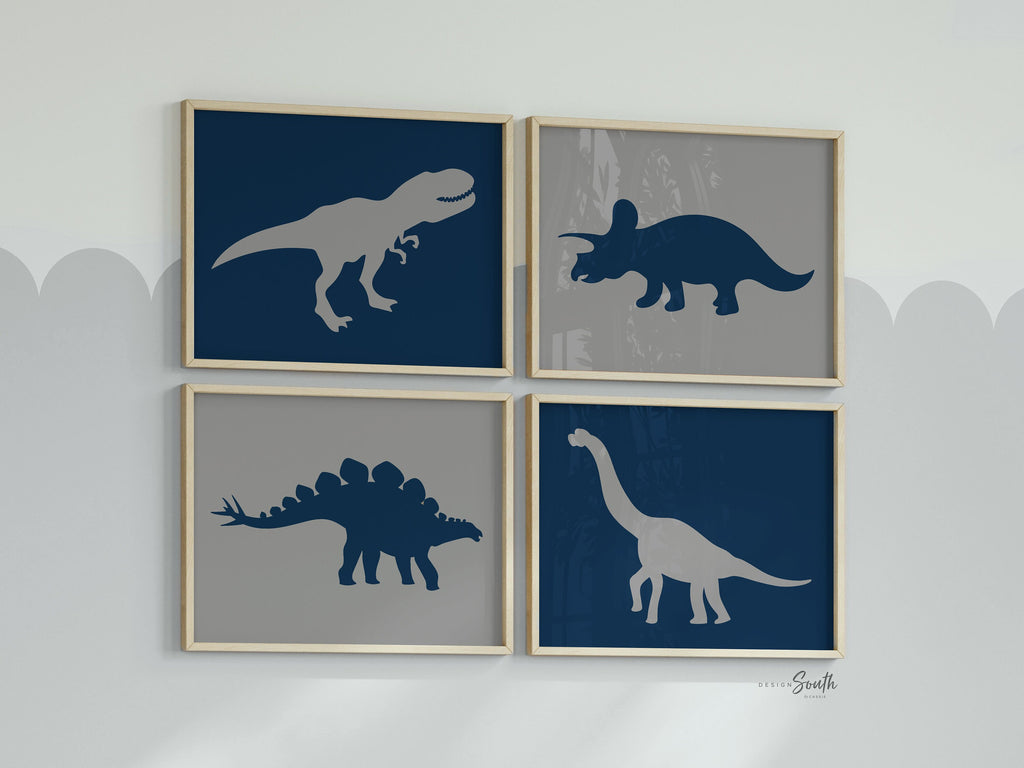 Dinosaurs navy gray, boy bedroom dinosaur themed art prints, dinosaur nursery, dinosaur wall, navy dinosaurs, toddler art boys set of 4 four