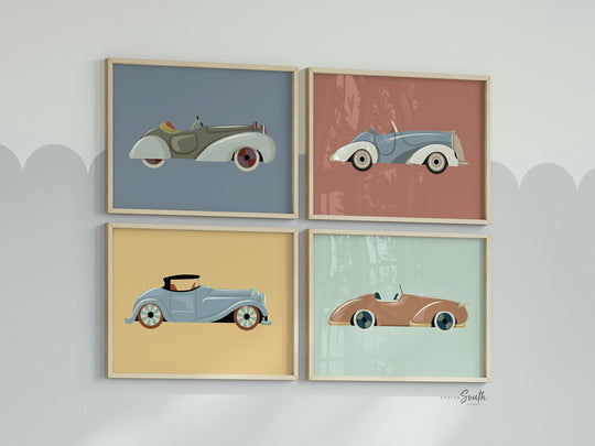 Vintage car collection, vintage car nursery, car art prints, set of 4 car prints, classic car wall art for nursery, boy bedroom car themed