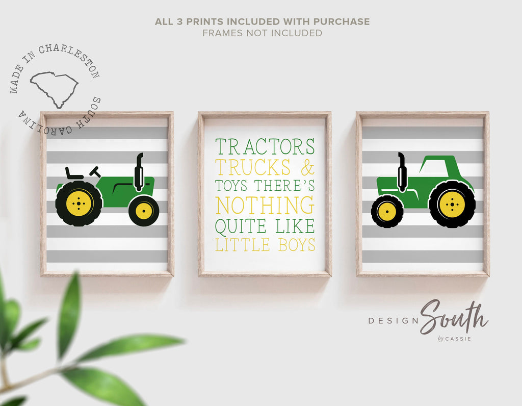 Tractors trucks and toys quote, green yellow tractor nursery art, little boy room art tractor themed, green tractor wall prints for boy wall