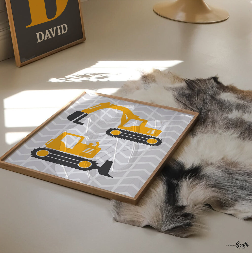 Gray construction nursery trucks, boy construction wall art, yellow gray dump truck theme decor, big boy construction room personalized name