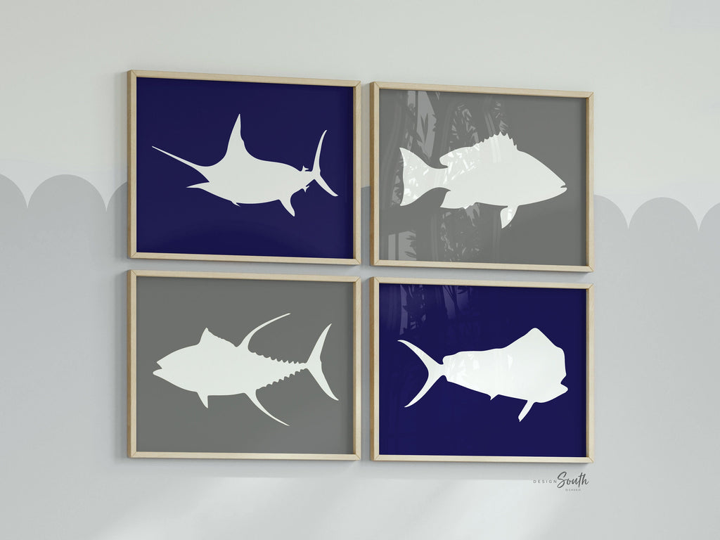 Boys fishing bedroom, fish nursery decor navy blue and gray, deep sea fish wall art, fishing nursery wall decor, baby boy fish decor, fish