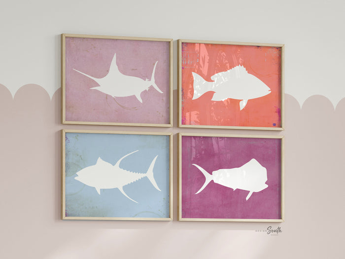 Ocean saltwater fish art prints, deep sea fish wall art, saltwater fish decor, pink fishing theme, fish prints, fish nursery art, fish decor