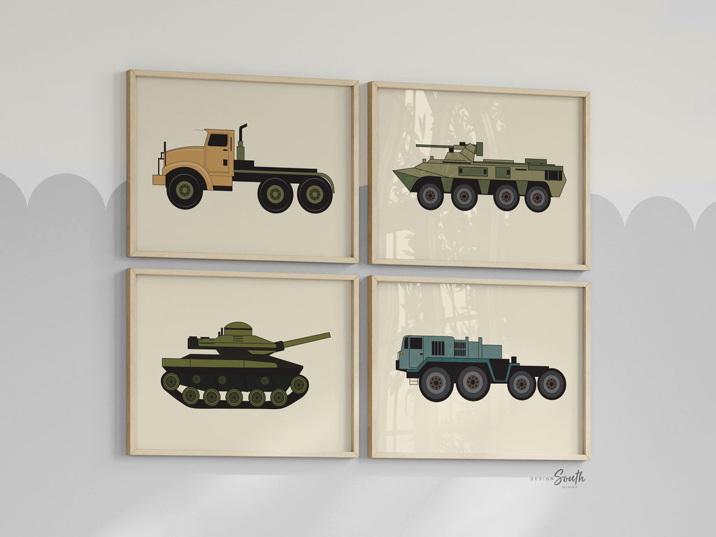 Nursery military, army vehicles print wall art set, boys room wall art, tank truck 4 prints, nursery and children&#39;s room decor, boy&#39;s room