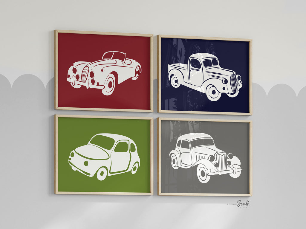 Vintage cars and trucks, nursery decor, boys bedroom wall art, red blue green gray car prints, boys nursery decor, car nursery, vintage baby