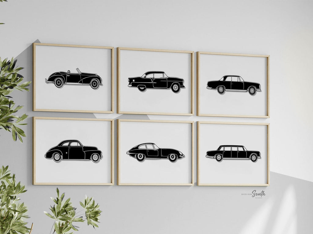 Car collection kids art, antique classic car art, retro car nursery, antique car print set, playroom car decor, bedroom kid car art set of 6