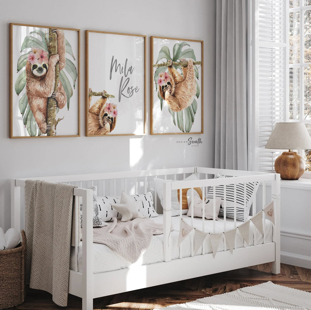 Dusty rose floral sloth wall art, sloth themed baby girl nursery, sloth nursery idea girl, personalized girl name sloth tropical room decor