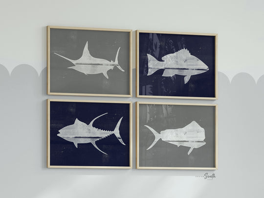 Fish navy blue gray, offshore fishing art, boys saltwater fish art, marlin nursery, boys fishing theme, fish nursery art, marlin fish decor