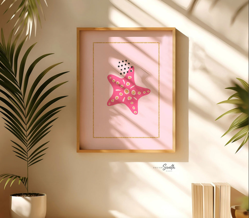 Sea animal collection, art print set six 6 beach themed nursery, starfish sea turtle pink gold, ocean bedroom wall art, pink and gold beach