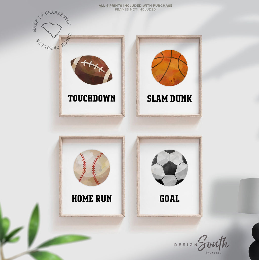 Sports print set of 4, soccer baseball basketball football, slam dunk home run goal touchdown, toddler athlete room art, white modern sports