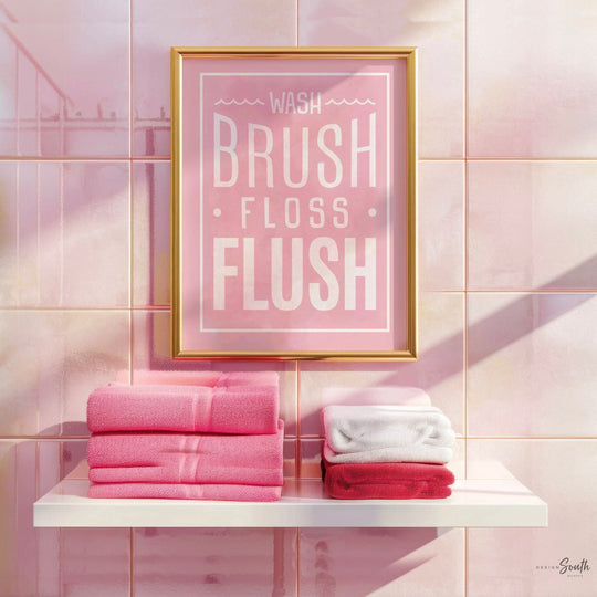 Pink bathroom wall art for girls featuring the phrases "wash, brush, floss, flush" in soft pink and white tones. Perfect for a girl's bathroom or powder room, this print adds a fun and feminine touch while encouraging daily hygiene routines. Ideal for children's bathroom decor, pink bathroom themes, or playful girly wall accents.