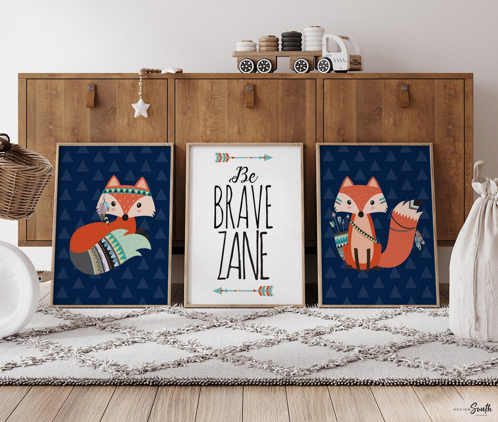 Tribal fox nursery wall art, fox nursery decor, woodland nursery art, baby boy nursery, be brave, customized name print fox monogram decor