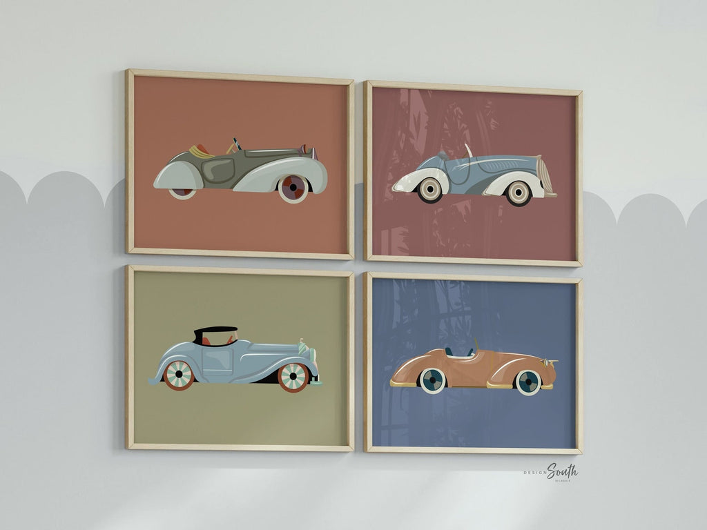 Vintage car collection, vintage car nursery, car art prints, set of 4 car prints, classic car wall art for nursery, boy bedroom car themed