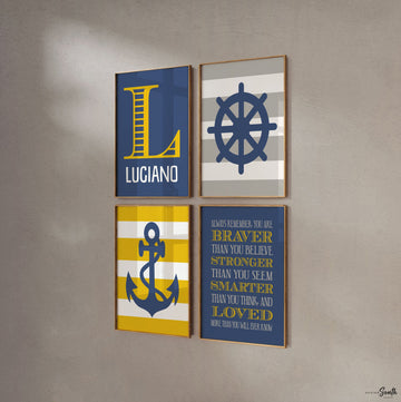 Nautical nursery wall art yellow gray and navy blue, baby boy nautical decor, boys anchor sailboat wheel, yellow gray nautical, yellow navy