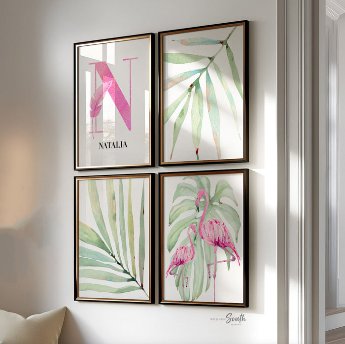 Tropical flamingo nursery, pink green nursery tropical baby, monstera leaf tropical theme baby, trendy nursery wall art decor baby girl gift