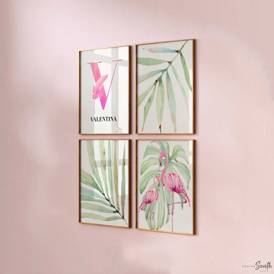 Tropical flamingo nursery, pink green nursery tropical baby, monstera leaf tropical theme baby, trendy nursery wall art decor baby girl gift