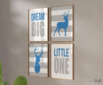 Nursery deer print, dream big little one, buck deer wall decor, deer art, nursery art for hunter, deer room, blue and gray deer, little buck
