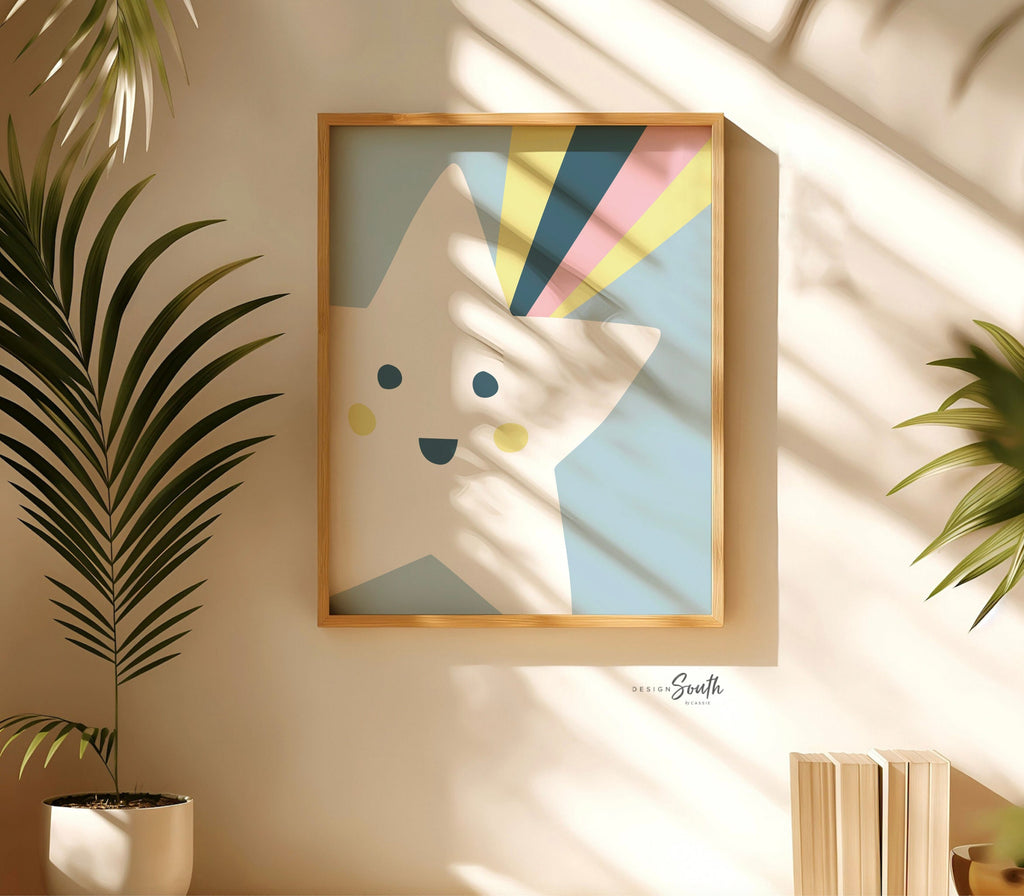 Sunshine nursery art, sunshine themed nursery decor, kids playroom wall ideas, baby shooting star art print set, pastel sun shooting star