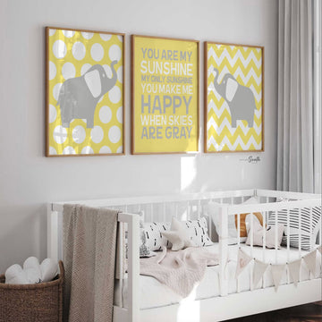 Unisex nursery decor, elephant nursery, yellow and gray nursery decor, gender neutral nursery decor, yellow elephants, you are my sunshine