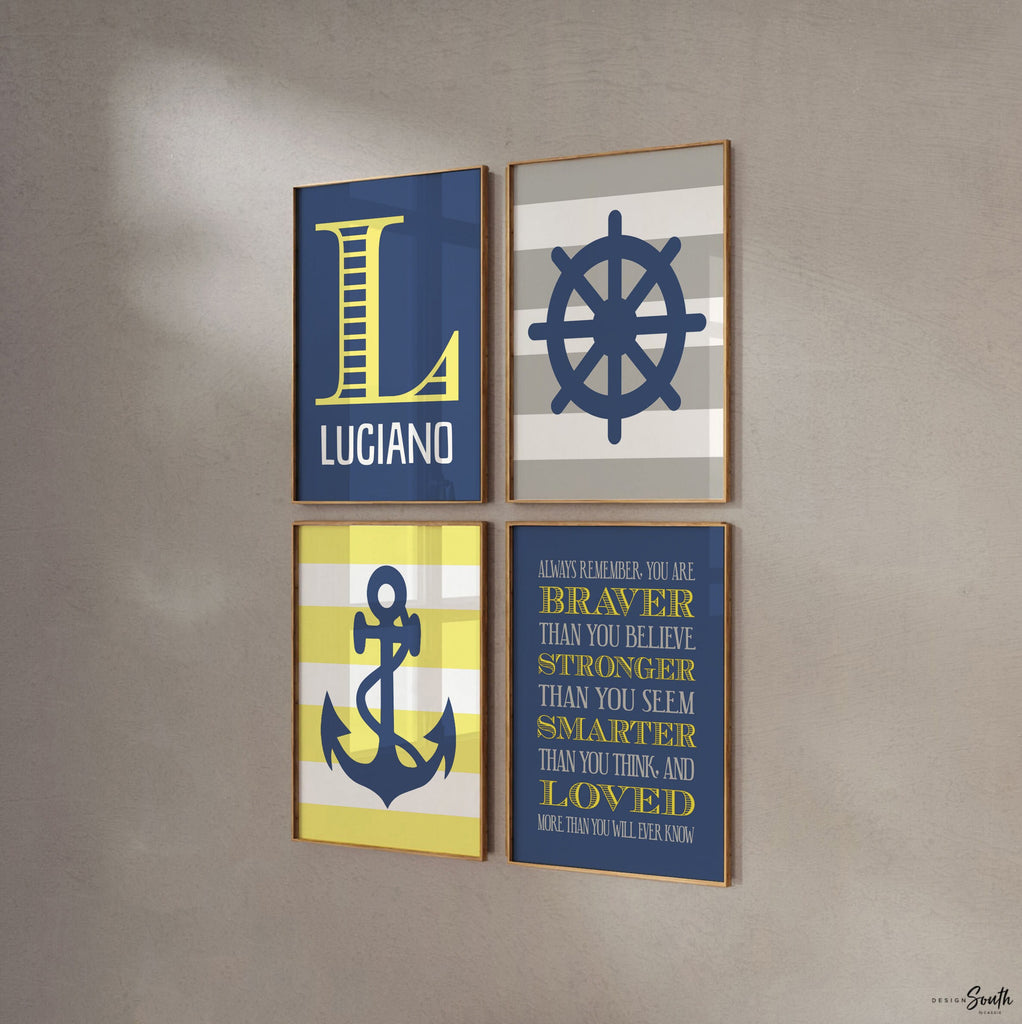 Nautical nursery wall art yellow gray and navy blue, baby boy nautical decor, boys anchor sailboat wheel, yellow gray nautical, yellow navy