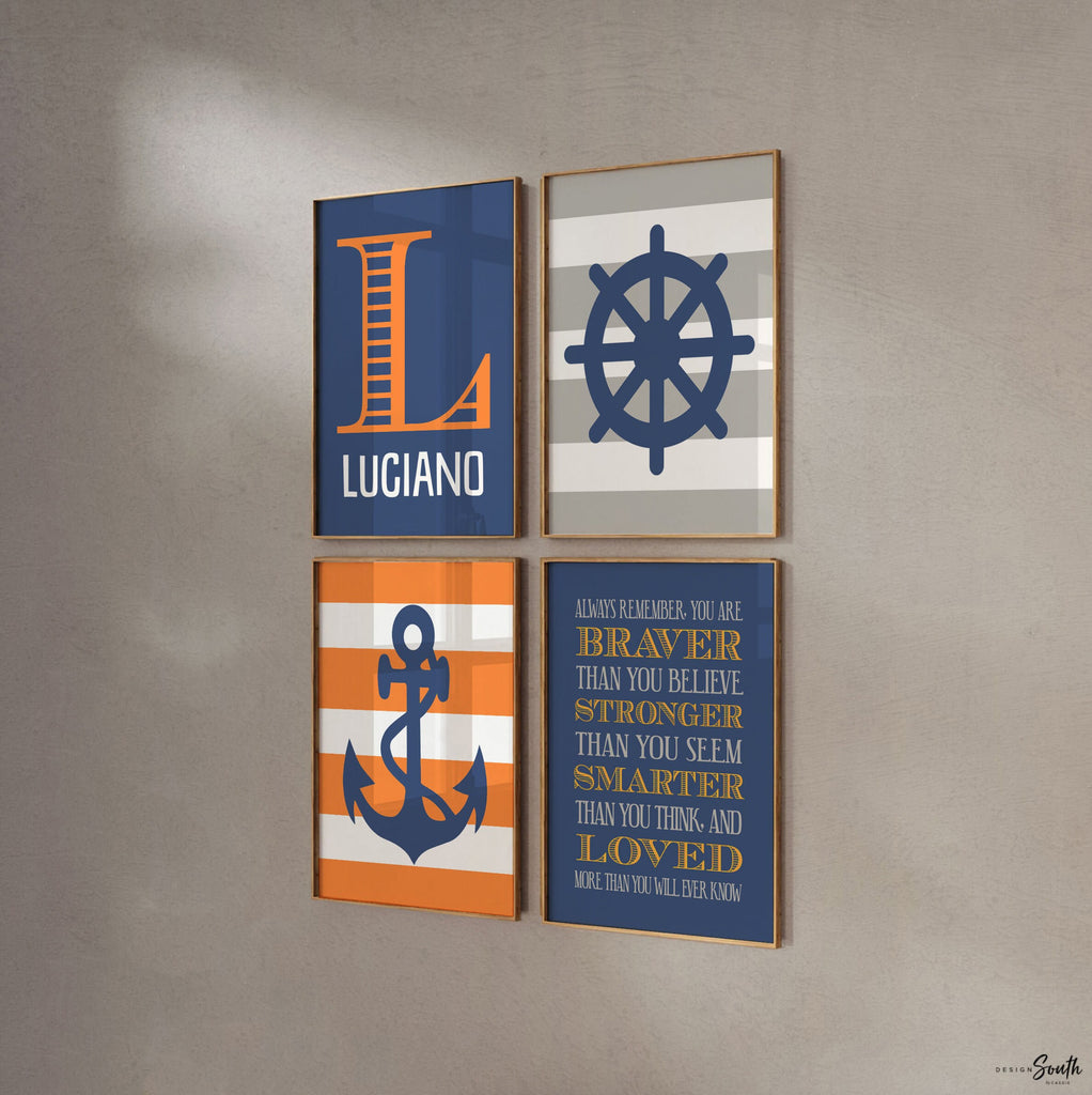 Boys nautical nursery decor, nautical nursery gray navy and orange, boys nautical wall art, orange navy nautical nursery, baby boy nautical