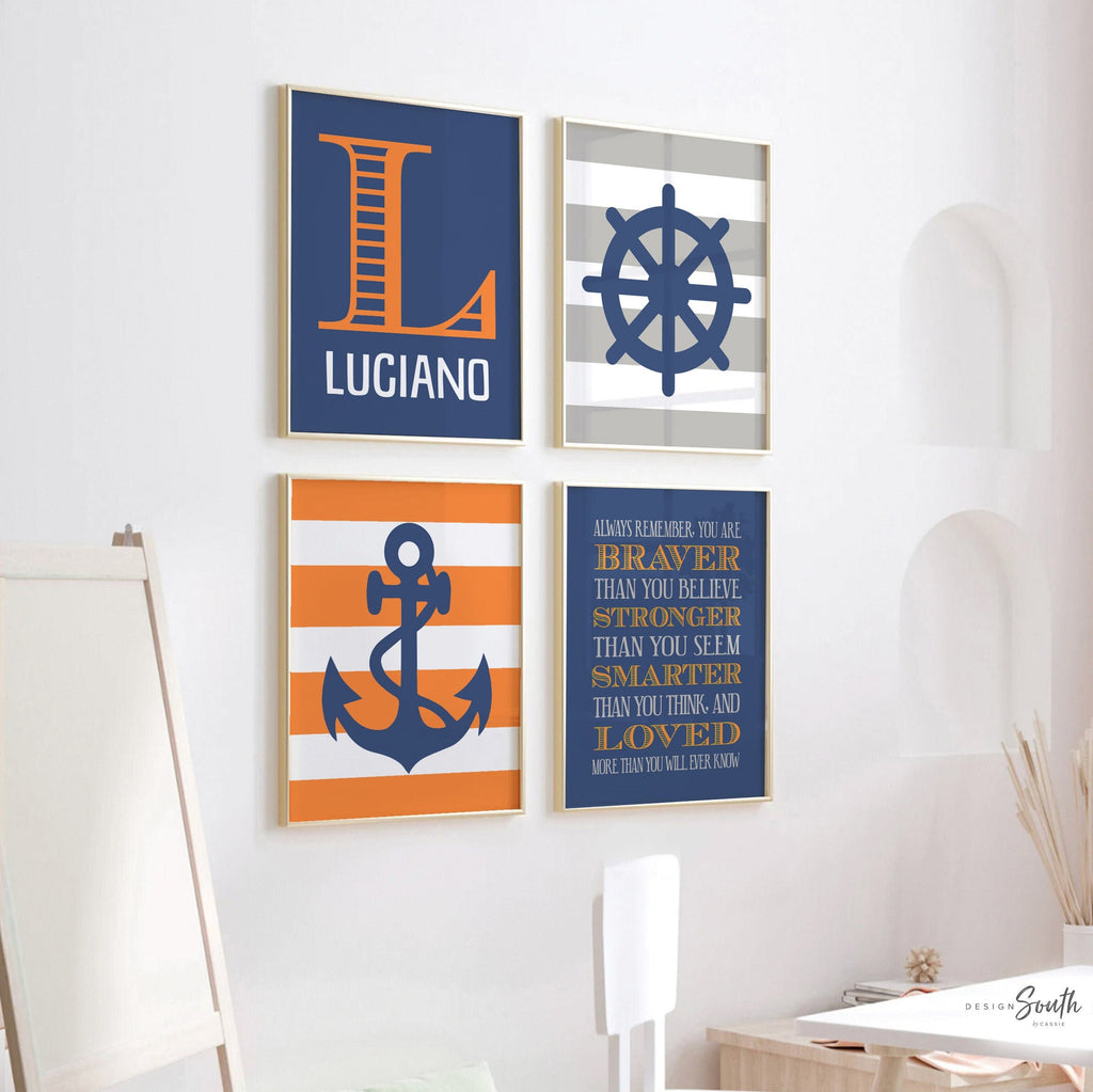 Boys nautical nursery decor, nautical nursery gray navy and orange, boys nautical wall art, orange navy nautical nursery, baby boy nautical