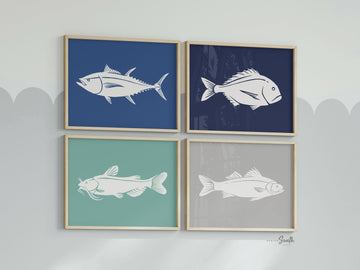 Fish art prints nursery decor modern, nautical artwork blue and gray, set of four prints, fishing theme gift for boys, playroom wall ideas