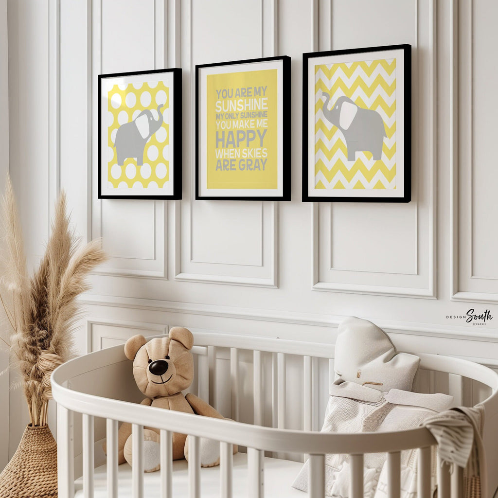Unisex nursery decor, elephant nursery, yellow and gray nursery decor, gender neutral nursery decor, yellow elephants, you are my sunshine