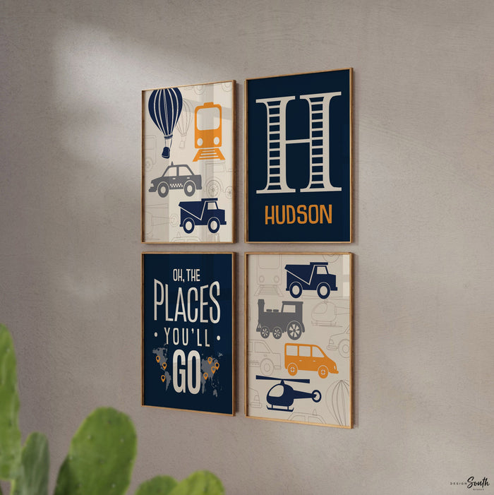 Transportation theme nursery decor, gray orange navy blue oh the places you'll go, personalized print transportation helicopter train decor
