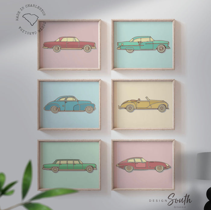 Classic car decor, retro car poster print set of 6, vintage car nursery, retro car decor, vintage car poster set, old car kids decor vintage