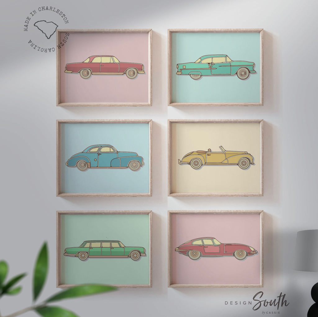 Classic car decor, retro car poster print set of 6, vintage car nursery, retro car decor, vintage car poster set, old car kids decor vintage