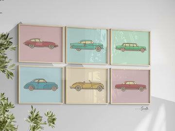 Classic car decor, retro car poster print set of 6, vintage car nursery, retro car decor, vintage car poster set, old car kids decor vintage