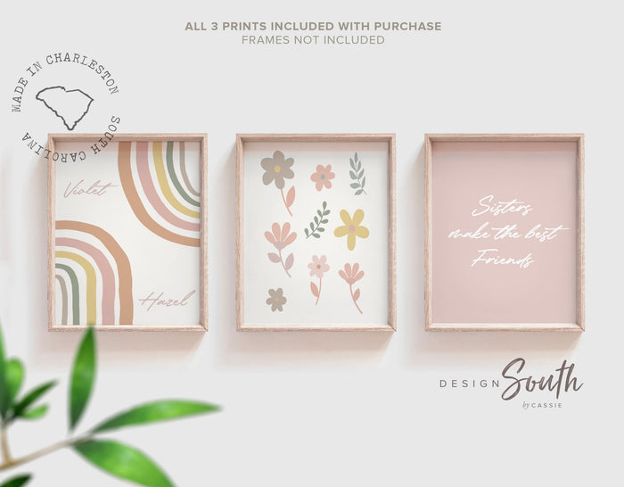 Sister room decor, girls room two sisters signs, gift sisters, shared bedroom personalized names, sister room decorations, flower sister art