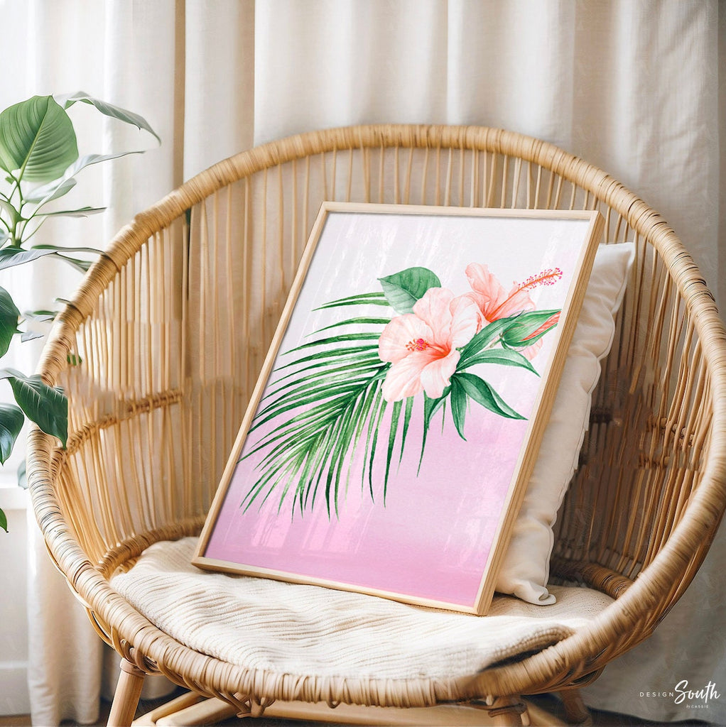 Pink and coral tropical nursery, baby girl tropical flowers nursery, coral and pink baby name and quote, little girl tropical playroom idea