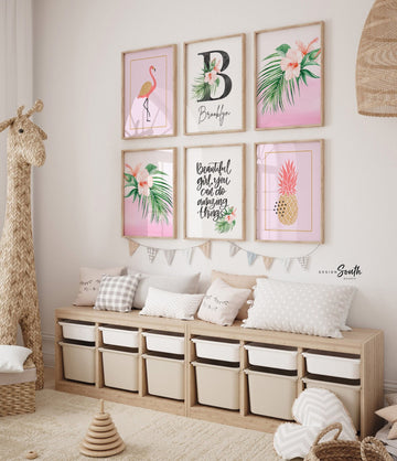 Pink and coral tropical nursery, baby girl tropical flowers nursery, coral and pink baby name and quote, little girl tropical playroom idea