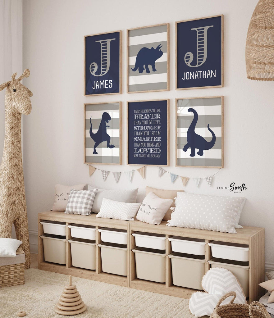 Navy blue gray dinosaur brother decor, dinosaur wall print set for boys, dinosaur playroom wall art two boys, personalized names brothers