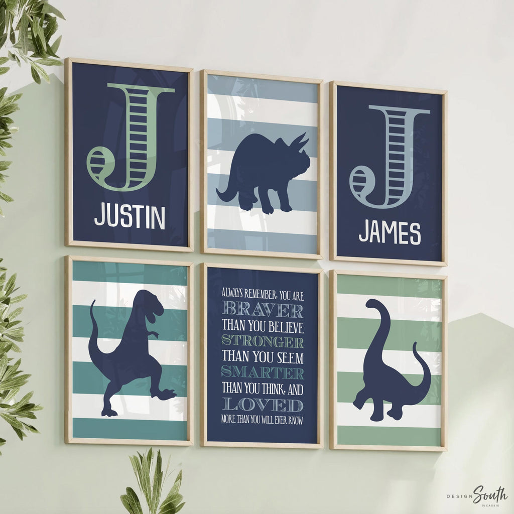 Dinosaur siblings boys nursery or bedroom decor, blue green boys shared room, wall art twin boys dinosaur theme, brothers room wall stripes