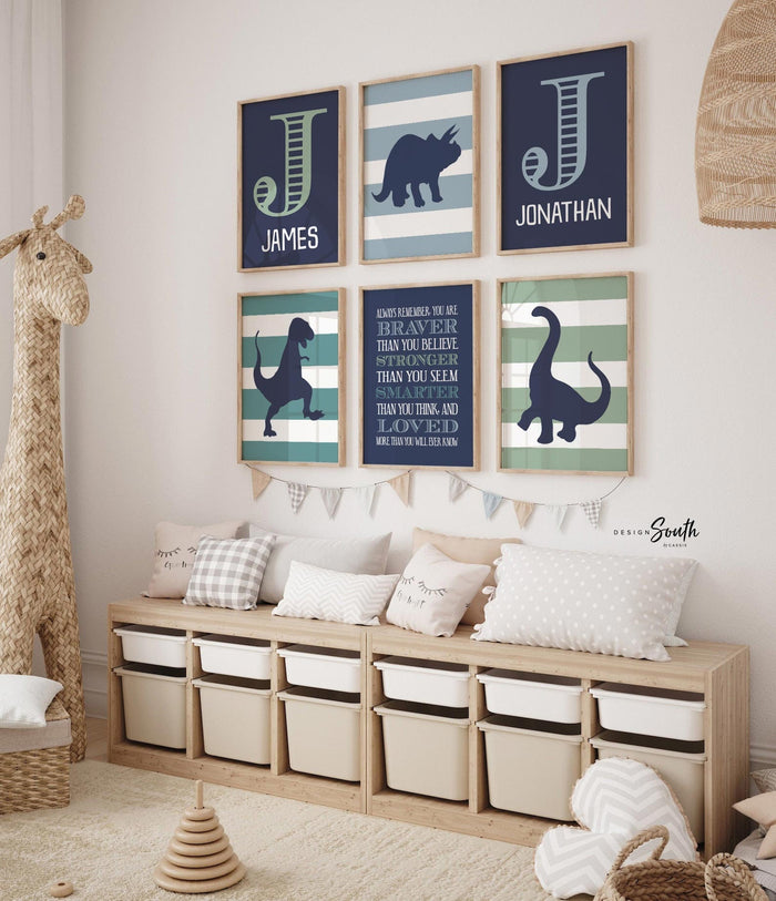 Dinosaur twin boys nursery or bedroom decor, navy blue orange green boys shared room, wall art twin boys dinosaur theme, brothers room wall
