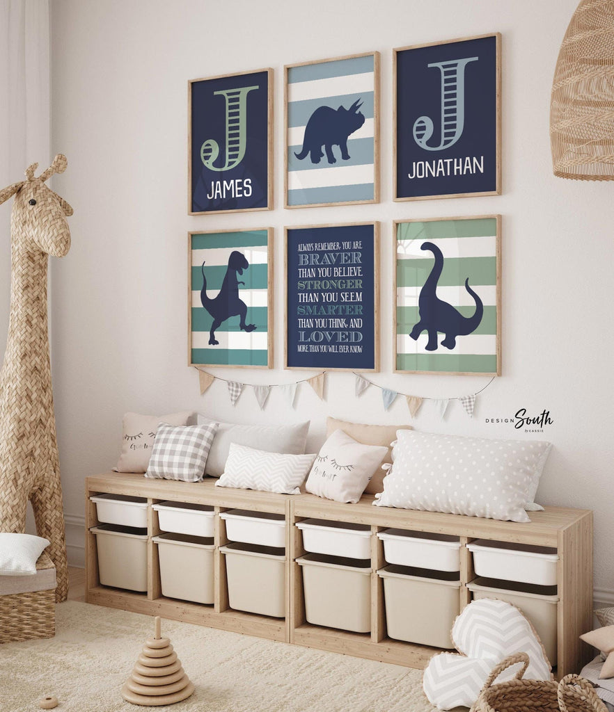 Dinosaur siblings boys nursery or bedroom decor, blue green boys shared room, wall art twin boys dinosaur theme, brothers room wall stripes