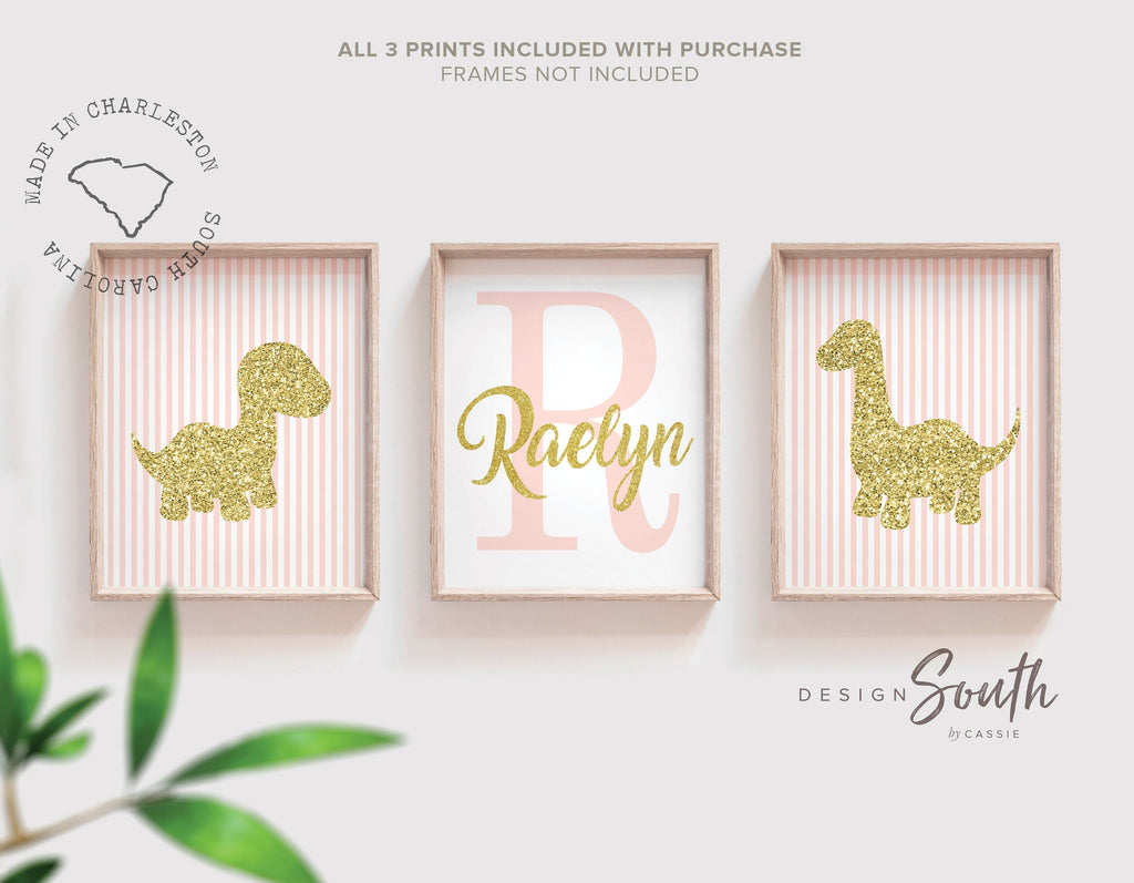 Girls pink gold dinosaur art, girls personalized dinosaur room wall art, dinosaur nursery for baby girl, pink dinosaur bedroom wall decor