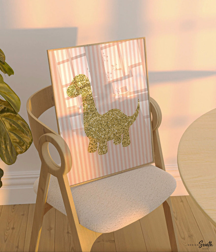 Pink gold girls dinosaur nursery art, gold pink sparkle dinosaur art, baby girl dinosaurs, girl dinosaur wall art, girls bedroom dinosaurs